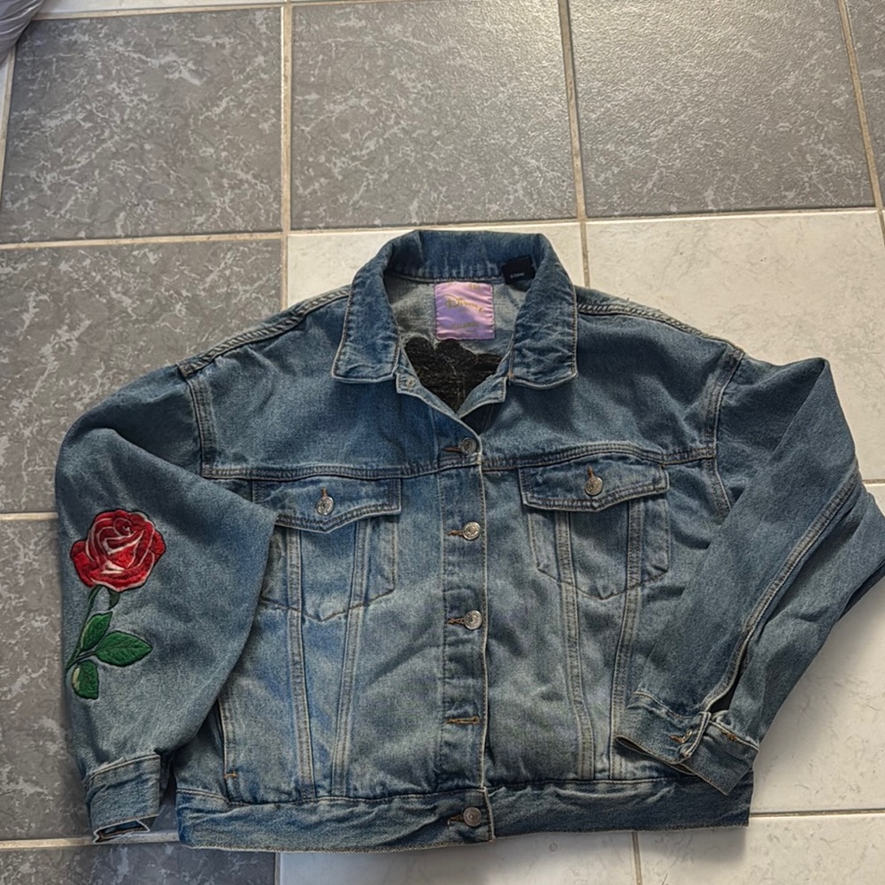 Pull&Bear Disney Blue and Red Jean Jacket with Rose Embroidery